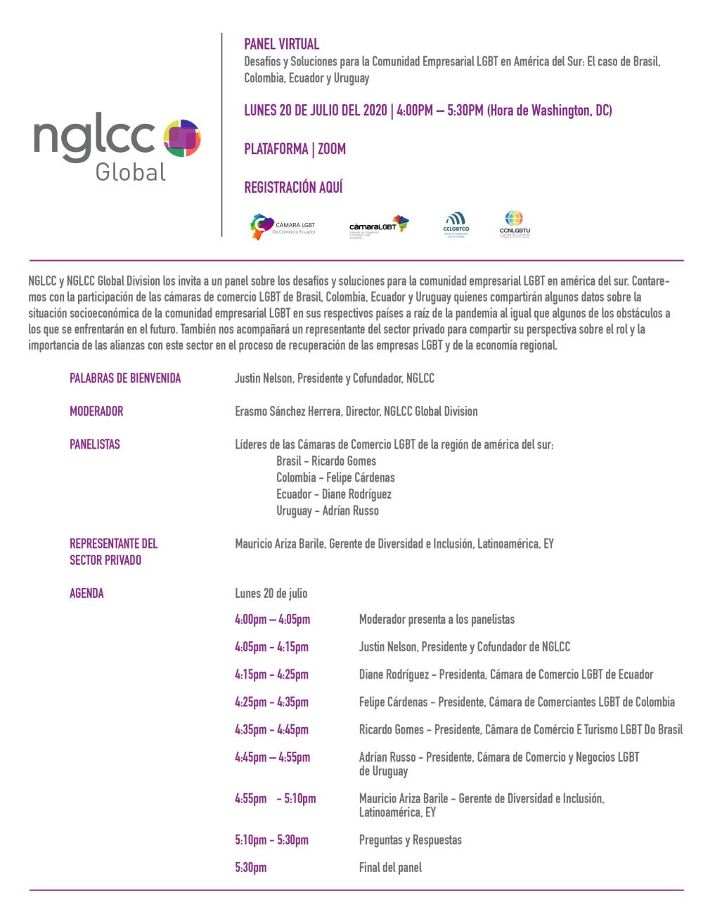 Panel Virtual - Desafíos y Soluciones para la Comunidad Empresarial LGBT en América del Sur El caso de Brasil, Ecuador, Colombia - NGLCC - Camara LGBT Comercio Ecuador CCLGBTEC